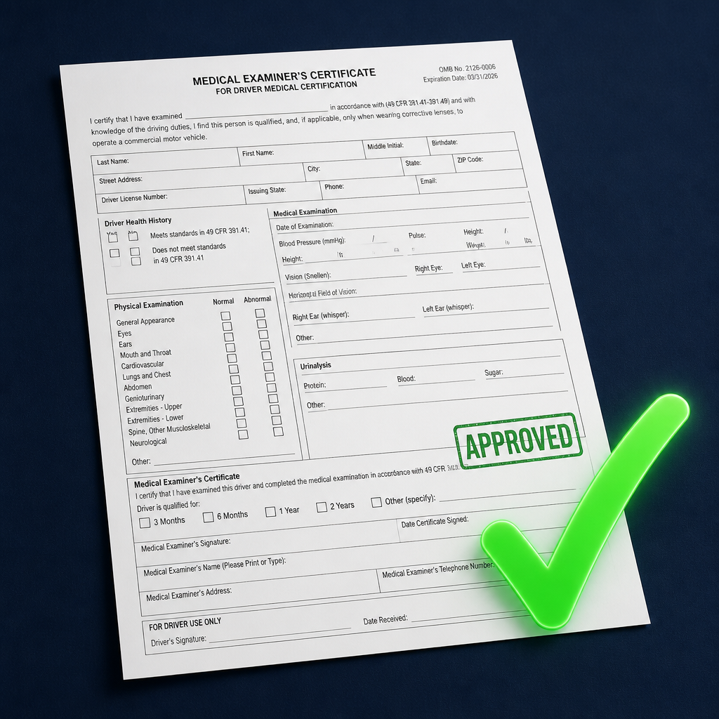 DOT Medical Examiner's Certificate with green checkmark